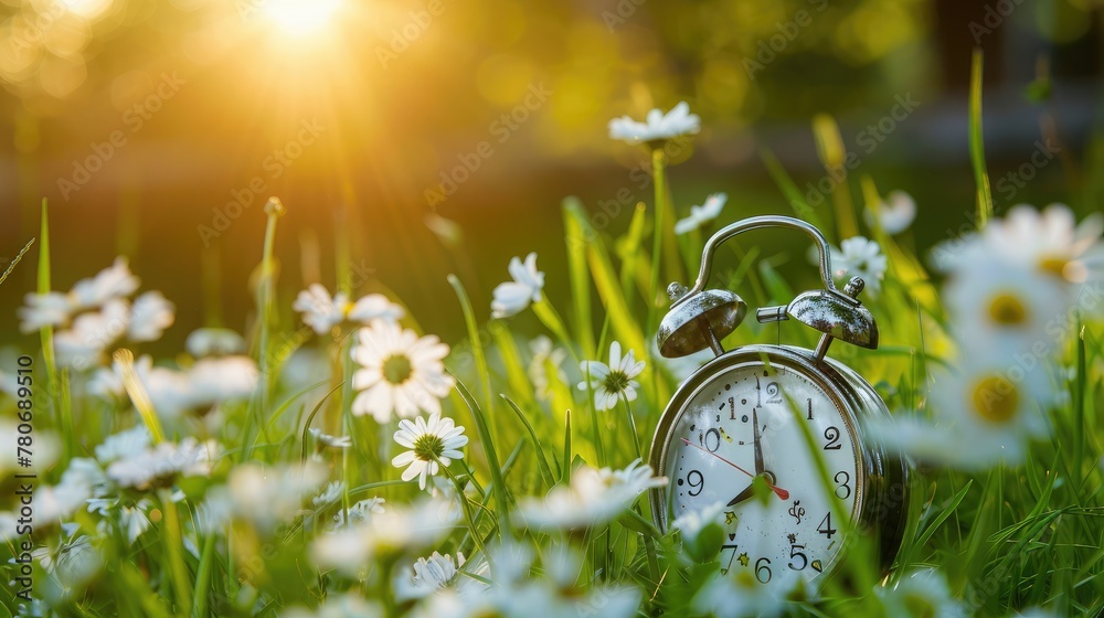 Fototapete spring forward Spring time change. Daylight saving time. Alarm clock on beautiful nature background with green grass and white flower meadow.