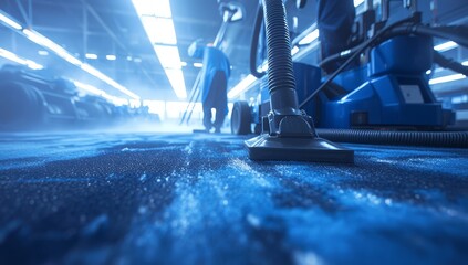 A carpet cleaning service is seen using an industrial vacuum cleaner to clear the floor of dirt and dust in the foreground, closeup shot.  - obrazy, fototapety, plakaty