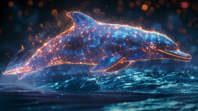 Dreamy dolphin in space animation: Surreal flight, ethereal fantasy, dreams concept