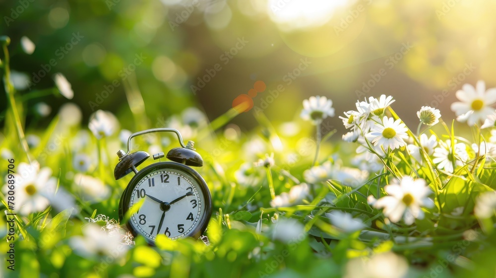 Fototapete spring forward Spring time change. Daylight saving time. Alarm clock on beautiful nature background with green grass and white flower meadow.