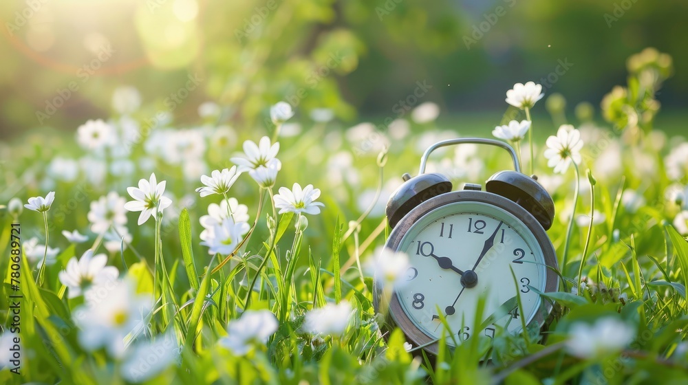 Fototapete spring forward Spring time change. Daylight saving time. Alarm clock on beautiful nature background with green grass and white flower meadow.