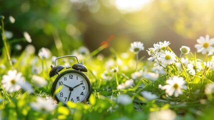 spring forward Spring time change. Daylight saving time. Alarm clock on beautiful nature background...