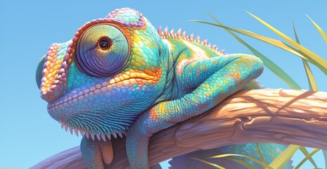 A colorful chameleon with vibrant colors, isolated on a blue background. The chameleon's face is closeup and its head turned to the side.  - obrazy, fototapety, plakaty