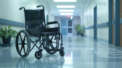 Fototapeta na wymiar An empty black wheelchair sits in a hospital hallway.