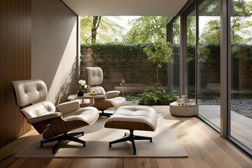 Inviting modern living space with lounge chair and wooden table.