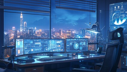 A digital art of an urban skyline at night, with holographic displays showing various marketing materials and graphs on screens - obrazy, fototapety, plakaty