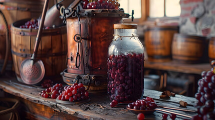 Golden Sunlight Accenting the Art of Homemade Wine-Making Process with Traditional Tools and Fresh Grapes