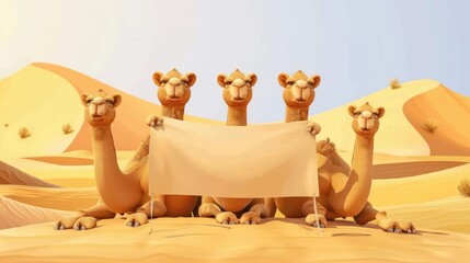 camels in the desert hold a large empty banner with space for text. Travel, vacation and vacation concept