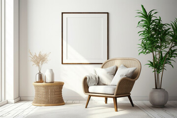 Immerse yourself in the bohemian allure of a modern living room featuring a wicker chair, floor vases, and a blank mockup poster frame against a pristine white backdrop.