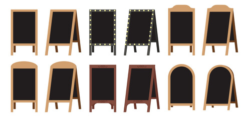 Set of street sandwich empty stands black menu boards. Welcome wooden stands signs with black side. Vector collection. © OlivaGreen