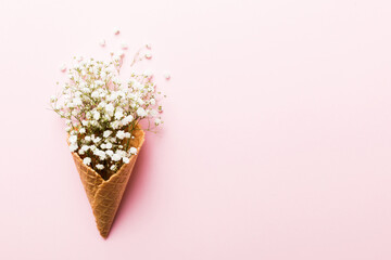 Waffle cone with beautiful gypsophila flowers on color background. summer concept. Copy space top...