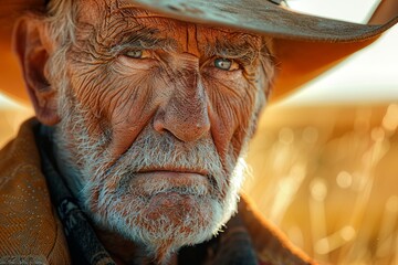 An intimate portrait of a seasoned cowboy, his silver hair capped with a faded hat, as warmth radiates from his eyes while he reminisces about tales from the past.