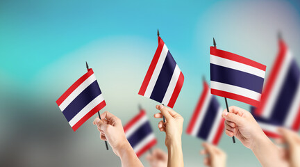 A group of people are holding small flags of Thailand in their hands.