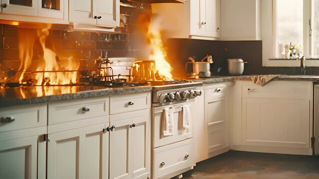 Domestic kitchen with an uncontrolled fire on cooktop. Hazardous flame in home. Concept of accident prevention, home safety, firefighting, and emergency action. Motion