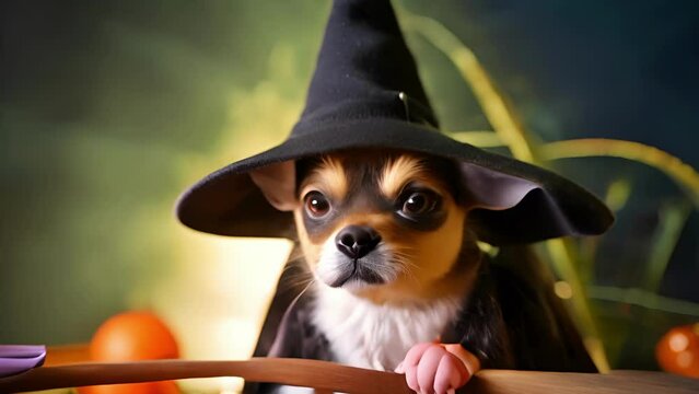 Chihuahua dressed as a witch with a broom and pumpkin. Small dog in Halloween costume. Concept of pet costumes, spooky Halloween celebration, festive pets, and animal outfits. Motion