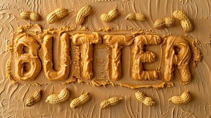 Words Peanut butter made of peanuts and peanut paste, advertising photo