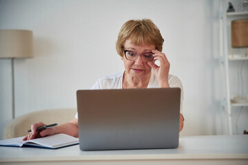 Fototapeta na wymiar Sitting by a laptop. Senior elderly woman is at home in the living room
