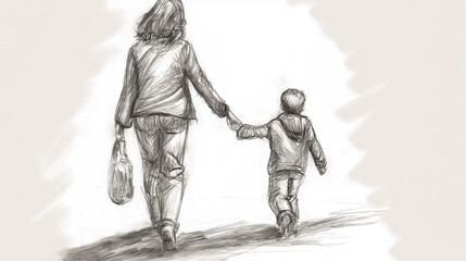 Mãe segurando a mão de seu filho - Ilustração esboço no fundo branco 