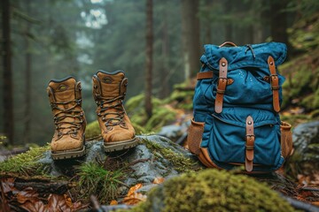 Rugged hiking boots with a blue backpack on moss-covered rock in a forest.