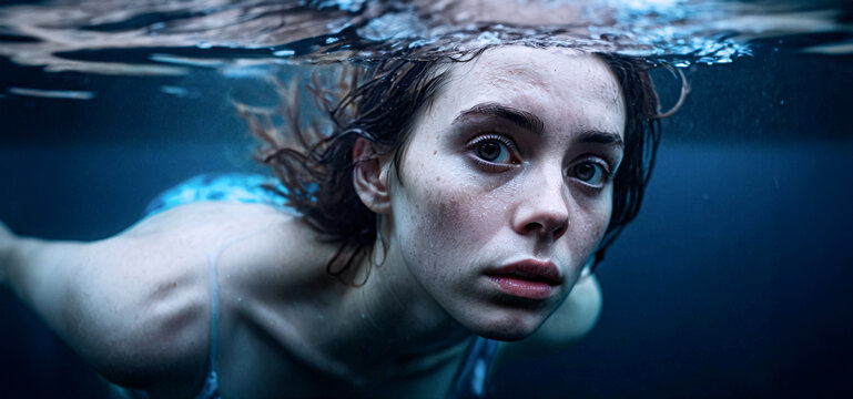 primo piano con volto di giovane donna che nuota sotto il pelo dell'acqua