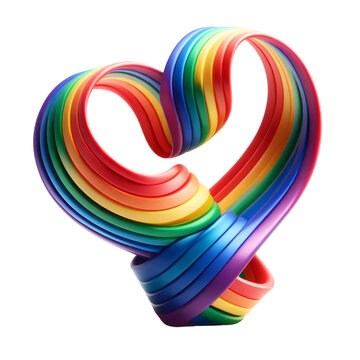 Rainbow ribbon is twisted into a heart shape Pride Day and Month, Rainbow ,3d render isolated transparent.
