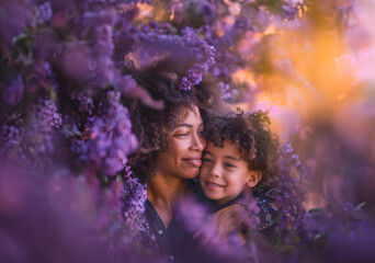 beautiful photography for mother's day, a mother with her children on purple abstract background