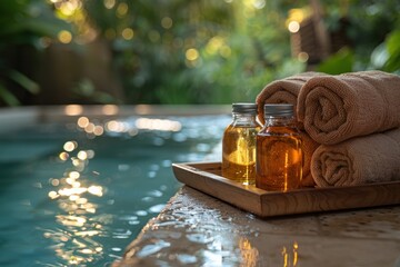 Luxury spa ambiance with a reflective pool, towels, flowers, and essential oils.