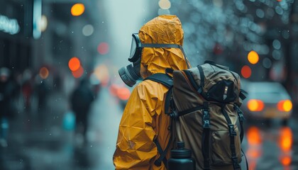 A man in a yellow hazmat suit is standing in the rain by AI generated image