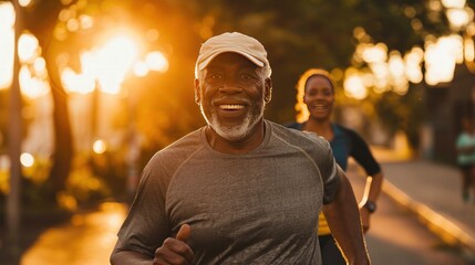 Portrait of a happy African American senior man running in the morning. Generate AI image - obrazy, fototapety, plakaty