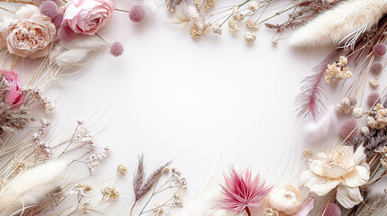 A delicate, elegant floral arrangement with space for text in the boho style. Delikatna, elegancka aranżacja kwiatowa z miejscem na tekst w stylu boho. - obrazy, fototapety, plakaty