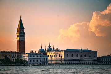 St Mark's Campanile Venice in the golden lights of a setting sun