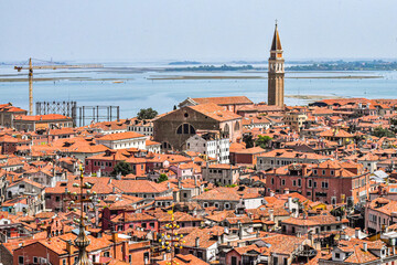 Aerial view of Venice city with Campanile tower in the background