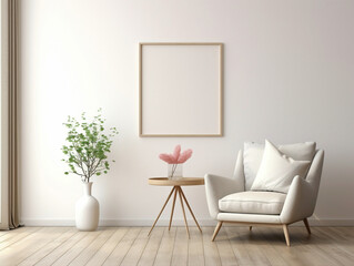 Explore the cozy elegance of a modern living room adorned with a wicker chair, floor vases, and a blank mockup poster frame against a white wall.