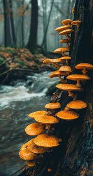 Fungus on tree photo of orange mushrooms