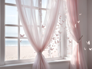 A white window with light pink butterflies flying out of it,  white gauze curtain fluttering in the wind, dreamy and beautiful, light pink and light gray style images