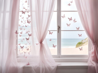 A white window with light pink butterflies flying out of it,  white gauze curtain fluttering in the wind, dreamy and beautiful, light pink and light gray style images