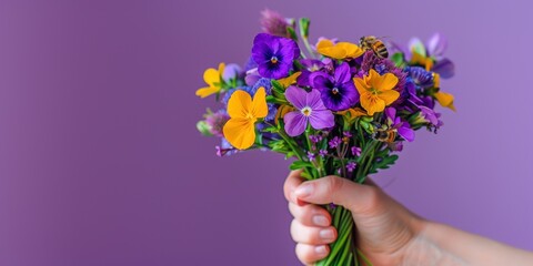 Hand holding a bouquet of purple and yellow flowers with bees, set against a purple background, showcasing a vivid contrast and fresh spring feel.