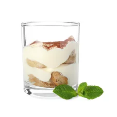  Delicious tiramisu in glass and mint leaves isolated on white © New Africa