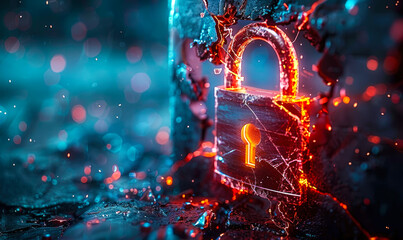 Glowing, electrified padlock surrounded by fractal energy beams and chaotic particles, symbolizing the concept of data security breaches, vulnerabilities, and cyber threats in the digital realm - obrazy, fototapety, plakaty