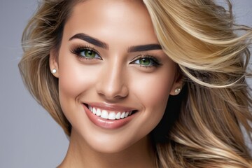 Fototapeta premium Close up portrait beautiful model woman with white teeth smile, healthy long flowing hair and beauty skin. Concept of advertising a dentist, hairstyle and facial care. Generative AI