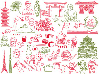 日本の手書きイラスト(東アジア、旅行、文化、観光)