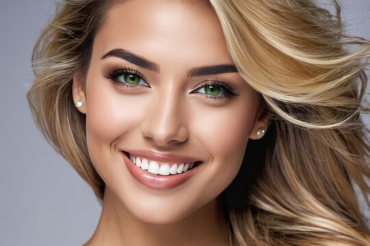 Close up portrait beautiful model woman with white teeth smile, healthy long flowing hair and beauty skin. Concept of advertising a dentist, hairstyle and facial care. Generative AI