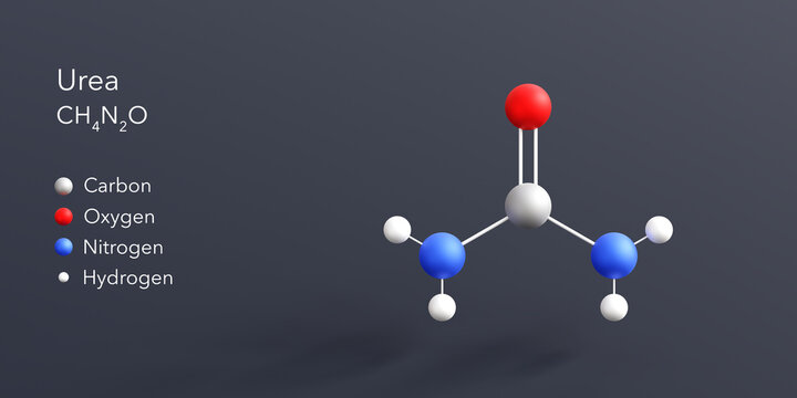 urea molecule 3d rendering, flat molecular structure with chemical formula and atoms color coding