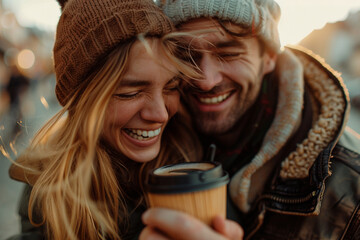 Close up of a couple is smiling and hugging each other on a sunny day, coffee cups in hand, in a...