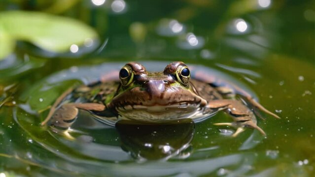 A green amphibian, possibly a frog, rests on a lily pad in a pond