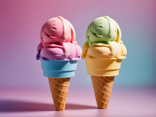 two delicious multi-colored large waffle cones with ice cream on a pink background, yellow, green, cold fruit dessert, summer season, snack - obrazy, fototapety, plakaty