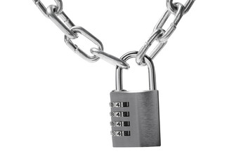 Steel combination padlock and chain isolated on white