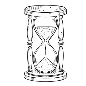 Hourglass vector illustration. Drawing of antique Sandglass painted by black inks in outline style. Hand drawn sketch of a vintage sand Clock. Etching of retro hour glass. Engraving of old timer.