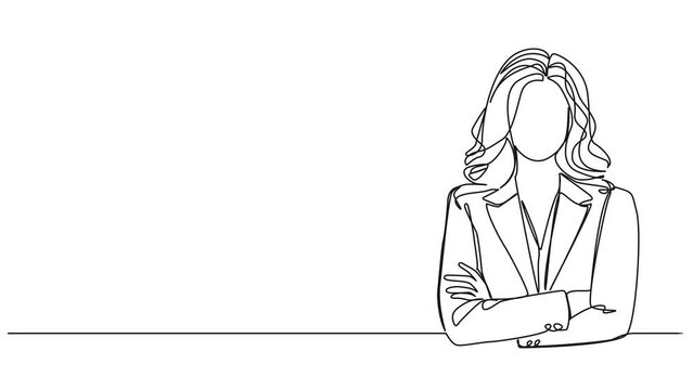 animated continuous single line drawing of confident woman in business attire, arms crossed, line art animation