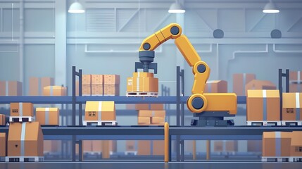 Automated Robot Carriers And Robotic Arm In Smart Distribution Warehouse